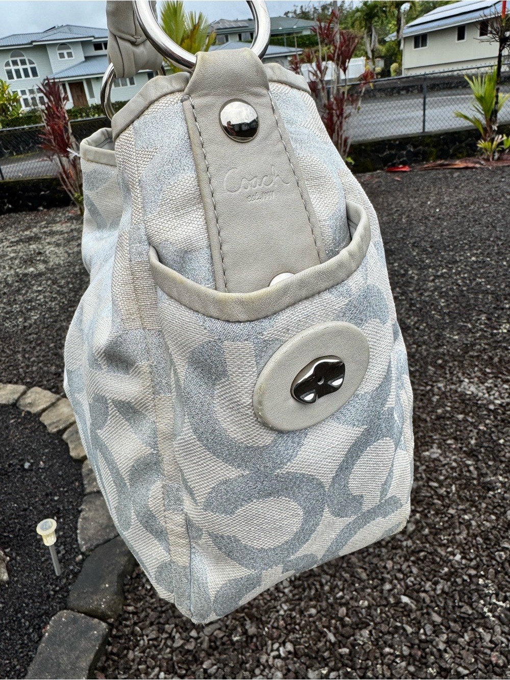 Coach 2008 Signature Lurex Metallic Canvas Shoulder Tote Bag White Silver 13508 - Picture 6 of 12